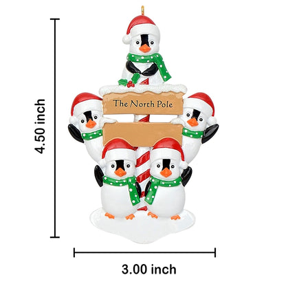 Personalized North Pole Penguin Family of 5 Christmas Ornament