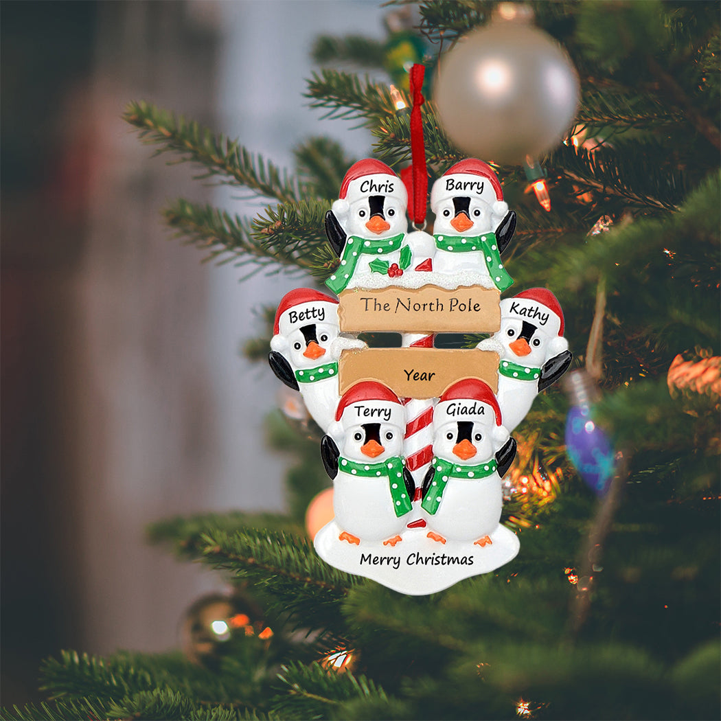 Personalized North Pole Penguin Family of 6 Christmas Ornament