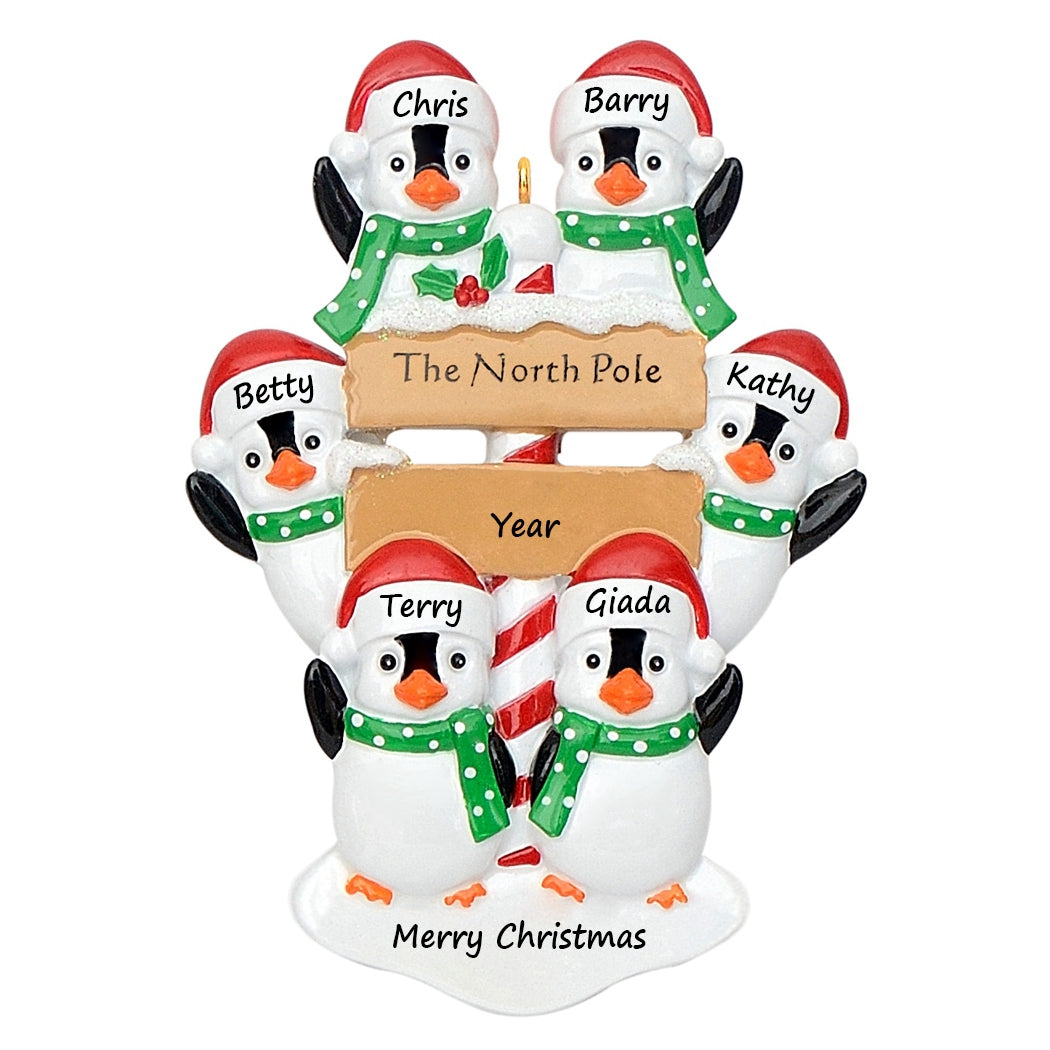 Personalized North Pole Penguin Family of 6 Christmas Ornament