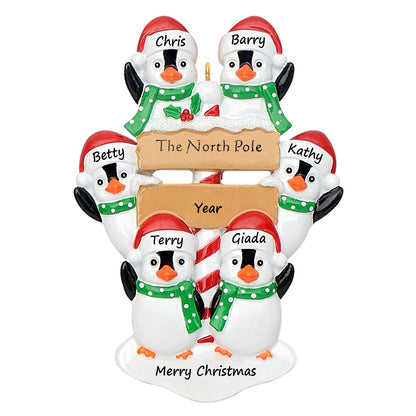 Personalized North Pole Penguin Family of 6 Christmas Ornament