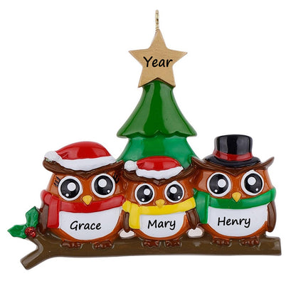 Personalized Owl Family of 3 Christmas Ornament