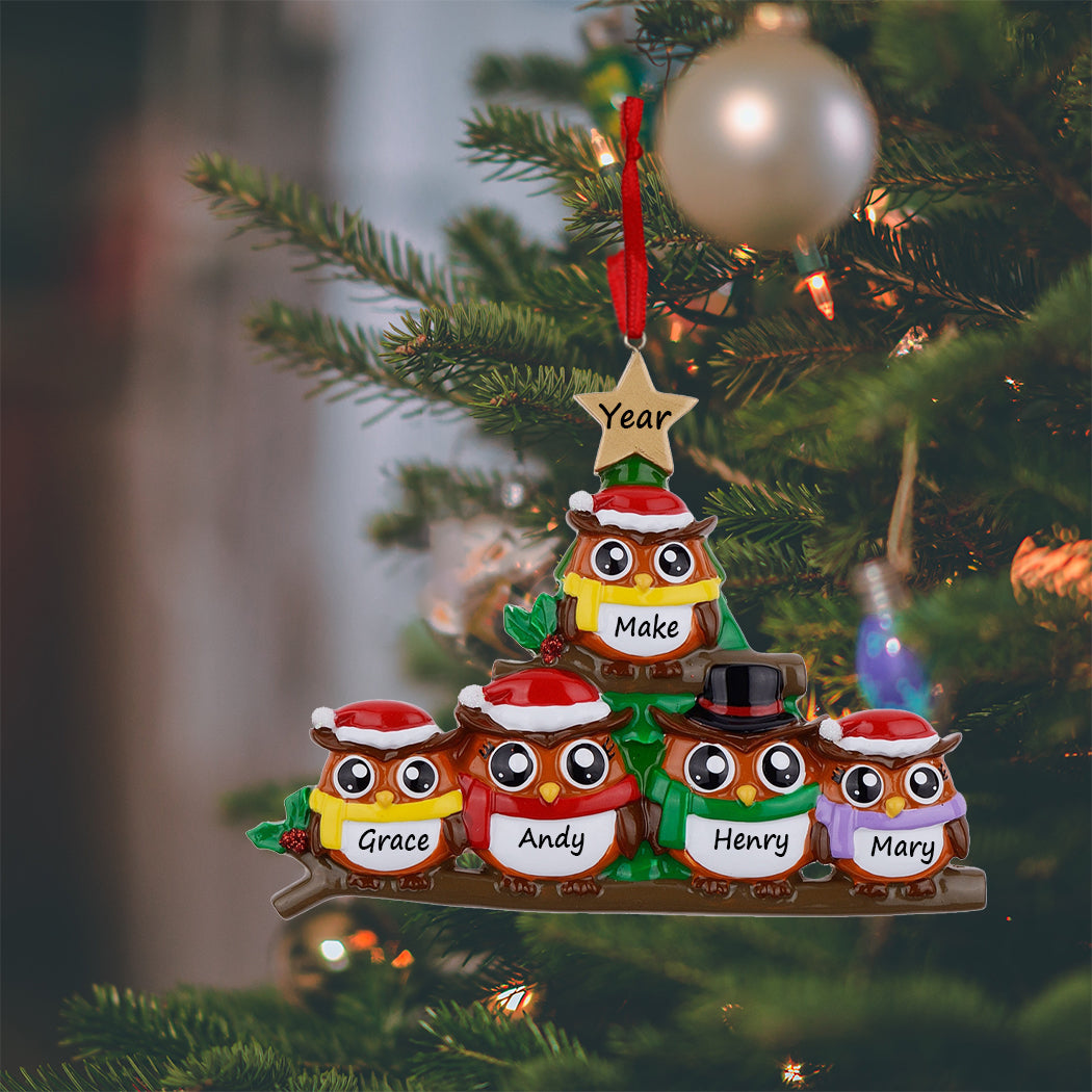 Personalized Owl Family of 5 Christmas Ornament