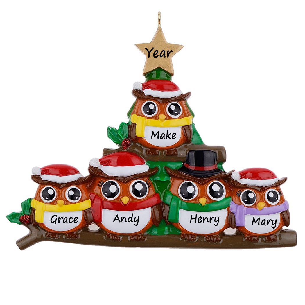 Personalized Owl Family of 5 Christmas Ornament