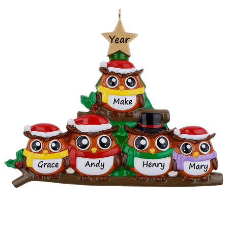 Personalized Owl Family of 5 Christmas Ornament