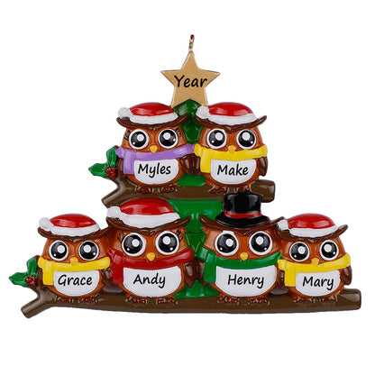 Personalized Owl Family of 6 Christmas Ornament