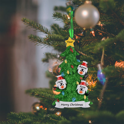 Personalized Penguin Family of 3 with Green Christmas Tree Ornament