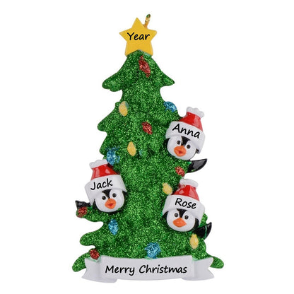 Personalized Penguin Family of 3 with Green Christmas Tree Ornament