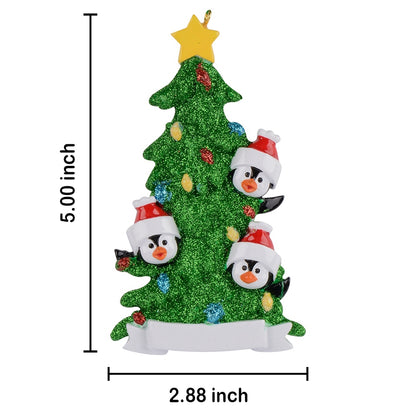 Personalized Penguin Family of 3 with Green Christmas Tree Ornament