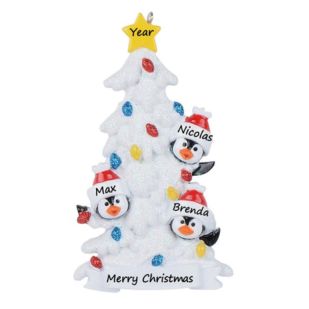 Personalized Penguin Family of 3 with White Christmas Tree Ornament