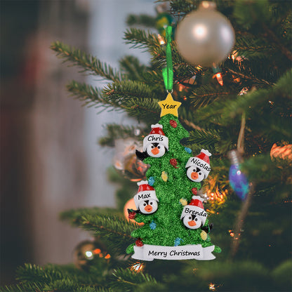 Personalized Penguin Family of 4 with Green Christmas Tree Ornament