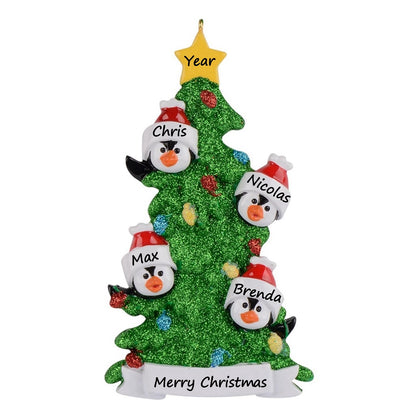 Personalized Penguin Family of 4 with Green Christmas Tree Ornament