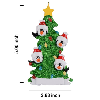 Personalized Penguin Family of 4 with Green Christmas Tree Ornament