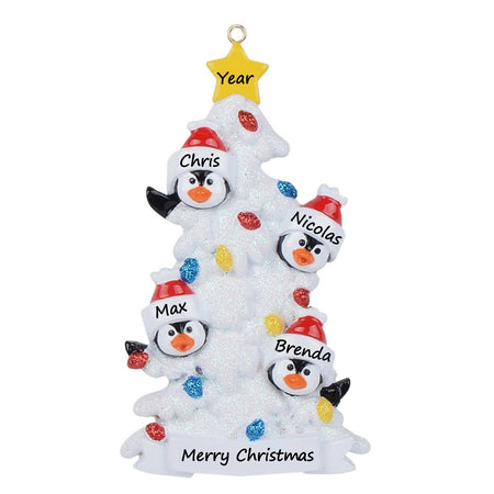 Personalized Penguin Family of 4 with White Christmas Tree Ornament