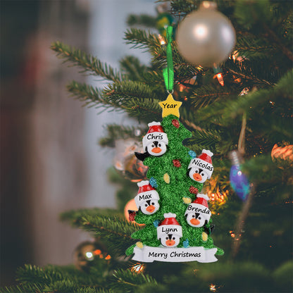 Personalized Penguin Family of 5 with Green Christmas Tree Ornament