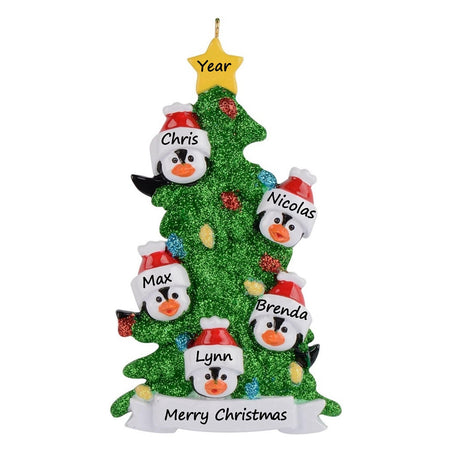 Personalized Penguin Family of 5 with Green Christmas Tree Ornament