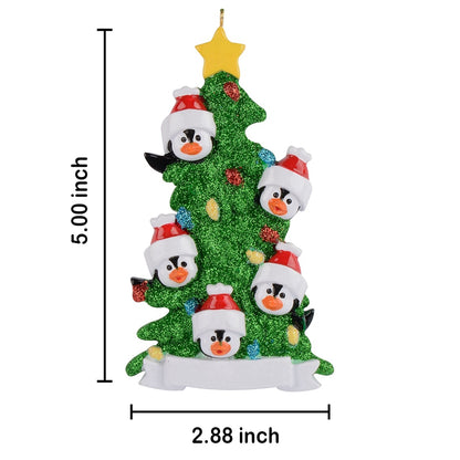 Personalized Penguin Family of 5 with Green Christmas Tree Ornament