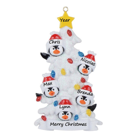 Personalized Penguin Family of 5 with White Christmas Tree Ornament