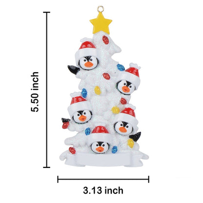 Personalized Penguin Family of 5 with White Christmas Tree Ornament