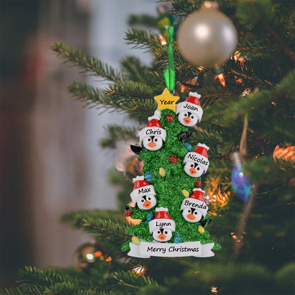 Personalized Penguin Family of 6 with Green Christmas Tree Ornament