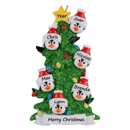 Personalized Penguin Family of 6 with Green Christmas Tree Ornament