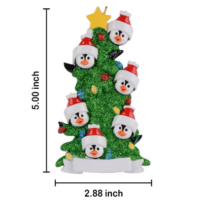Personalized Penguin Family of 6 with Green Christmas Tree Ornament