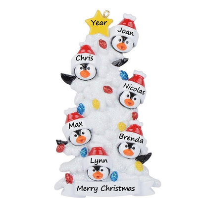 Personalized Penguin Family of 6 with White Christmas Tree Ornament