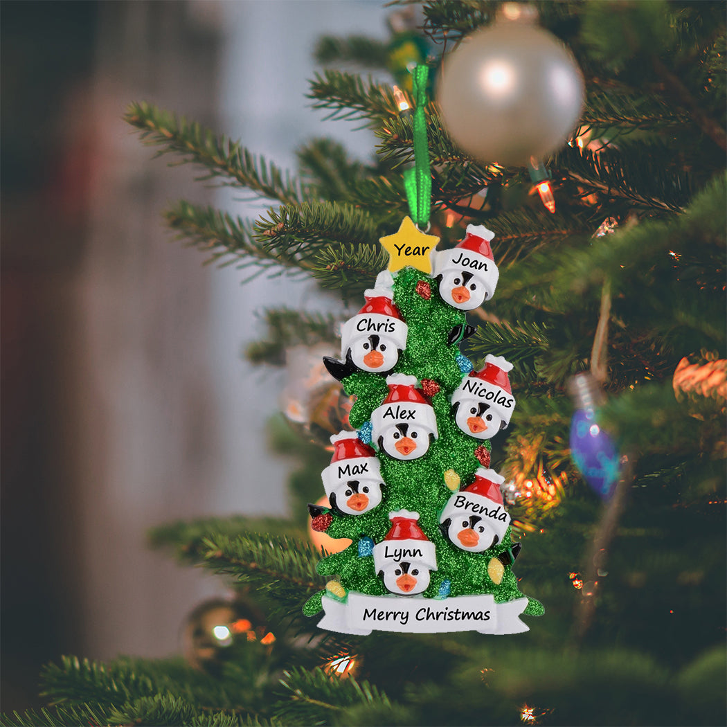 Personalized Penguin Family of 7 with Green Christmas Tree Ornament
