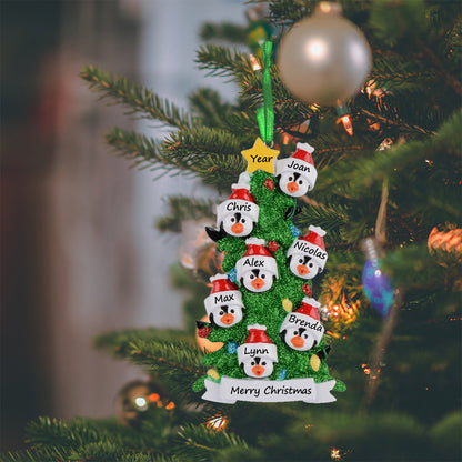 Personalized Penguin Family of 7 with Green Christmas Tree Ornament