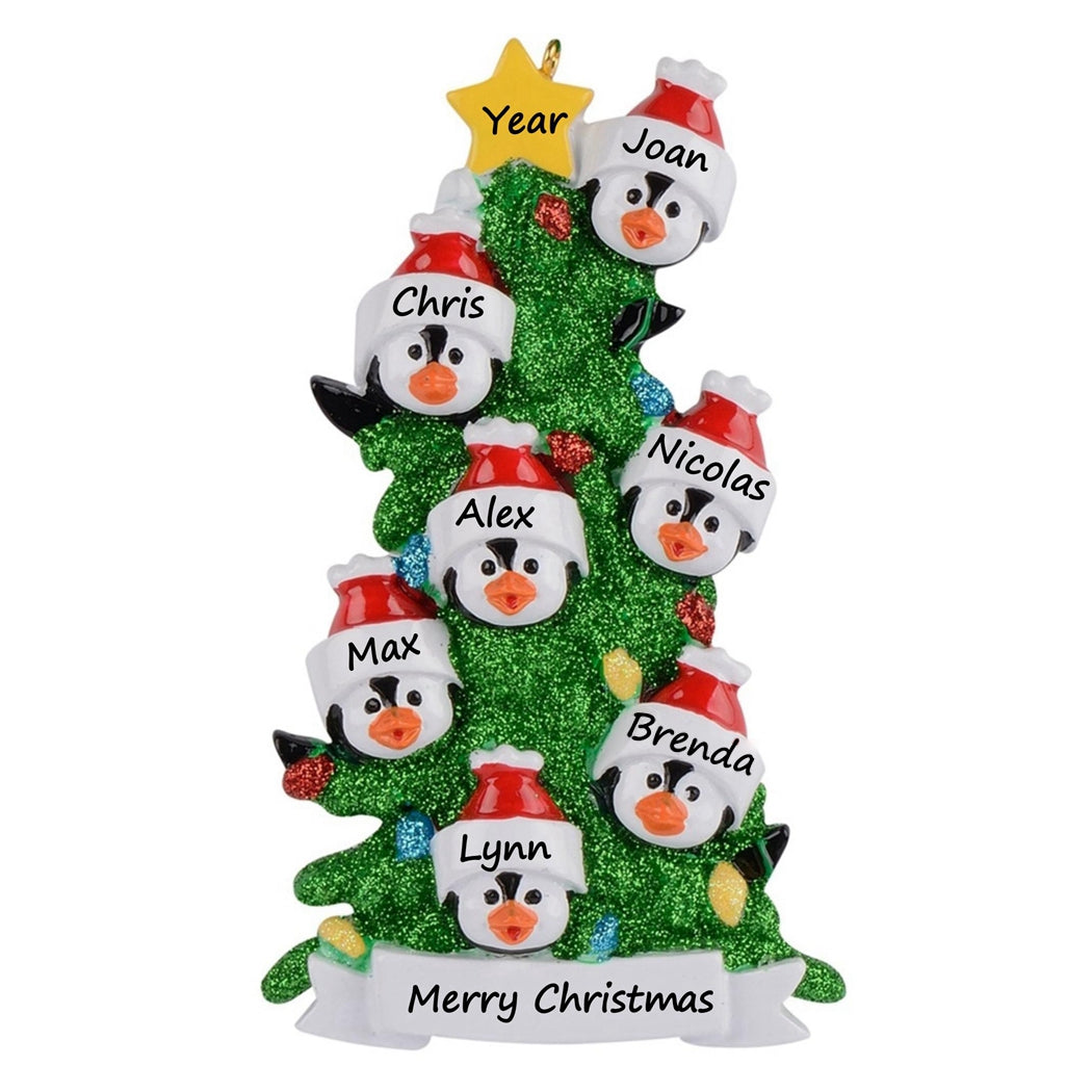 Personalized Penguin Family of 7 with Green Christmas Tree Ornament