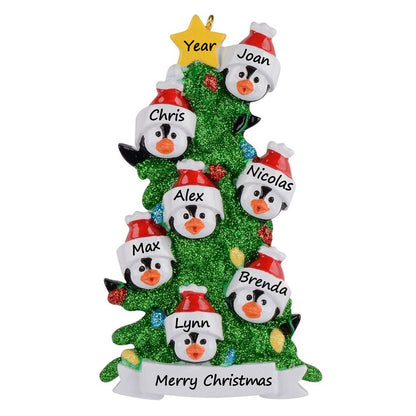 Personalized Penguin Family of 7 with Green Christmas Tree Ornament