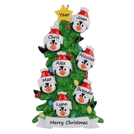 Personalized Penguin Family of 7 with Green Christmas Tree Ornament
