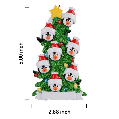 Personalized Penguin Family of 7 with Green Christmas Tree Ornament