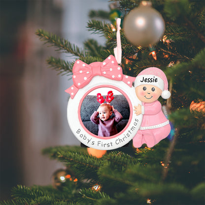 Personalized Pink Baby’s 1st Christmas Photo Frame Ornament