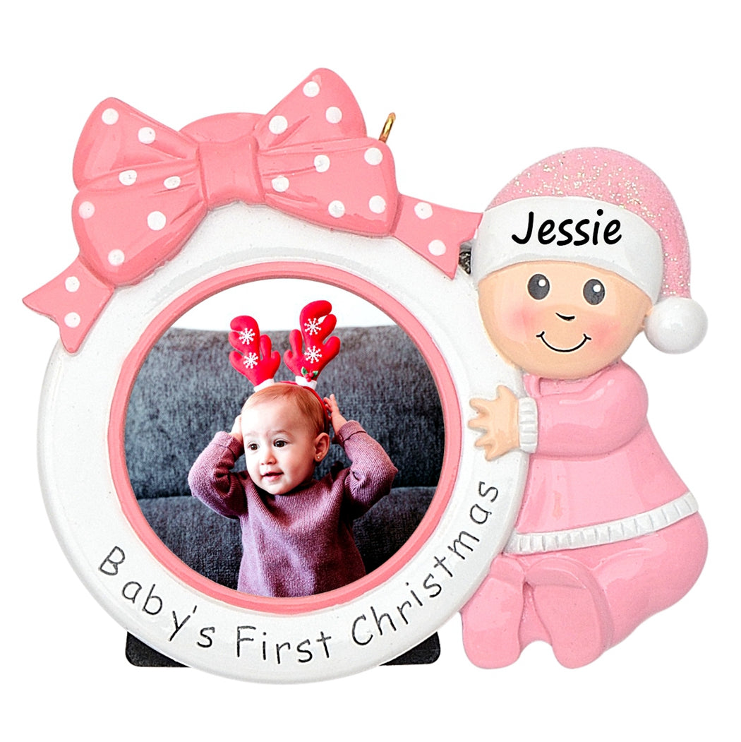 Personalized Pink Baby’s 1st Christmas Photo Frame Ornament