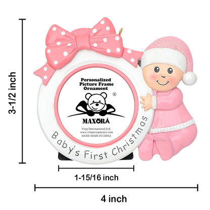 Personalized Pink Baby’s 1st Christmas Photo Frame Ornament