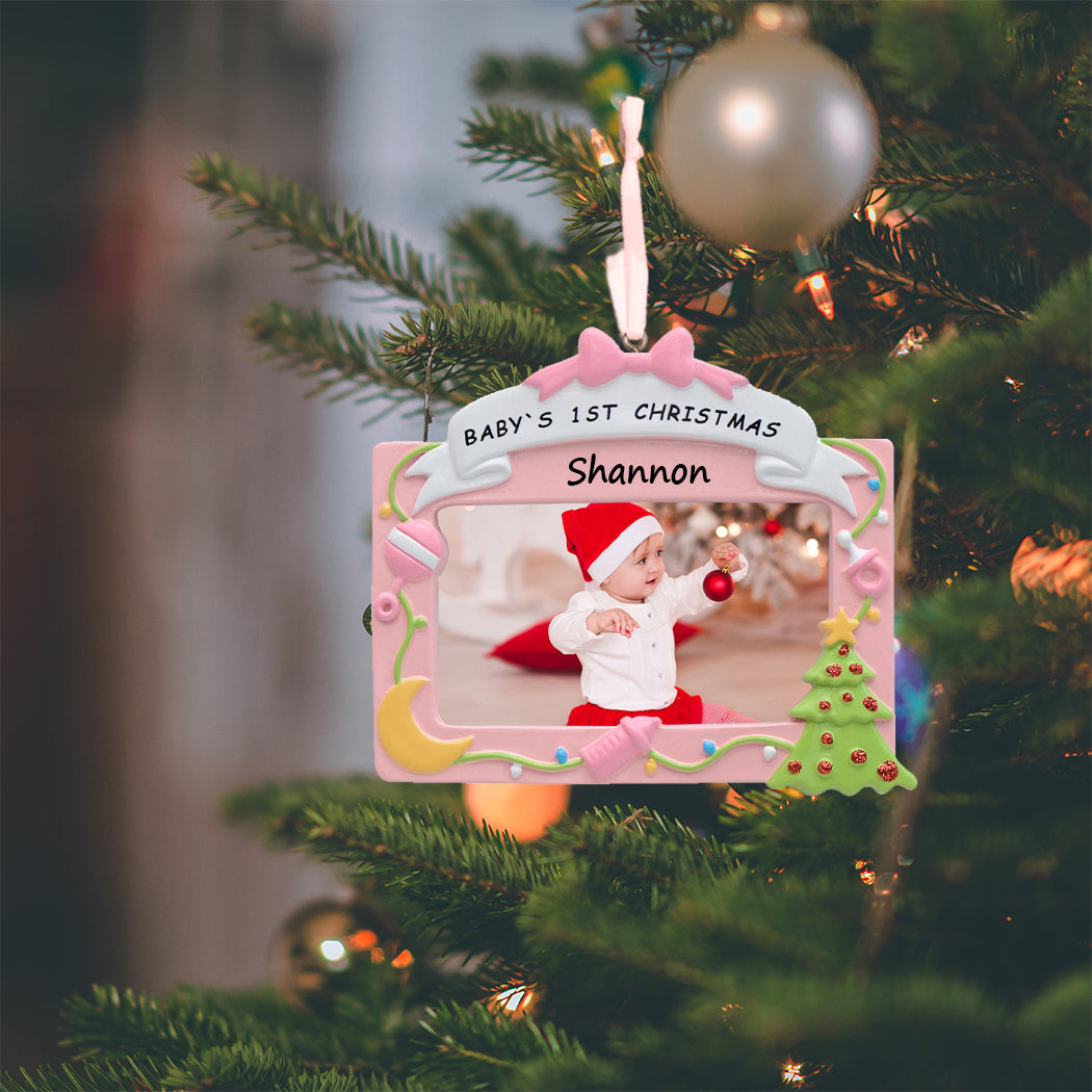 Personalized Pink Baby's First Christmas Photo Frame Ornament