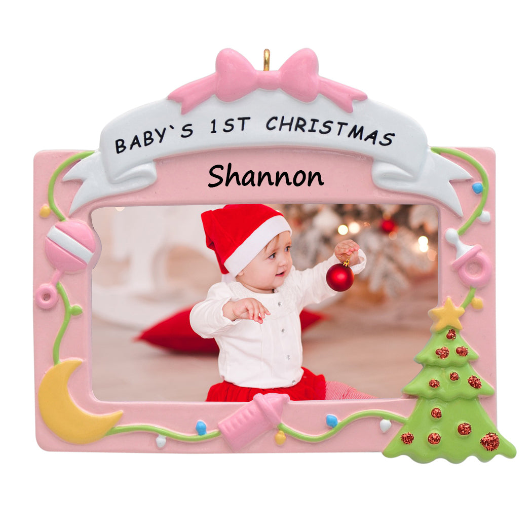 Personalized Pink Baby's First Christmas Photo Frame Ornament