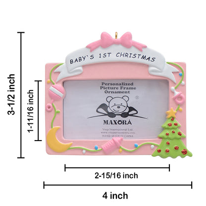 Personalized Pink Baby's First Christmas Photo Frame Ornament