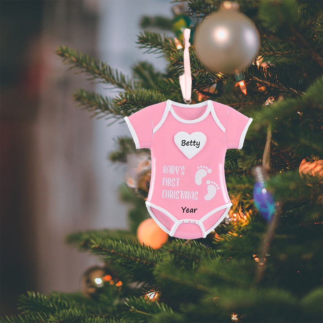 Personalized Pink Baby Girl Onesie Baby’s 1st Christmas Ornament