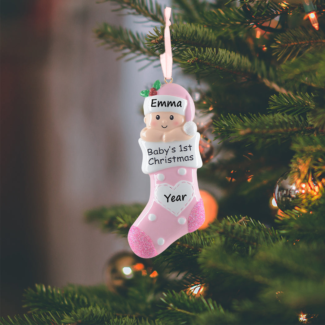 Personalized Pink Baby Stocking Baby’s 1st Christmas Ornament