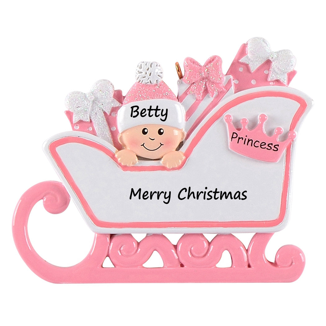 Personalized Pink Princess Sleigh Baby’s 1st Christmas Ornament