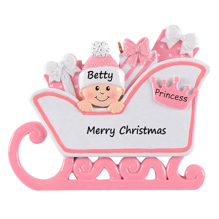Personalized Pink Princess Sleigh Baby’s 1st Christmas Ornament