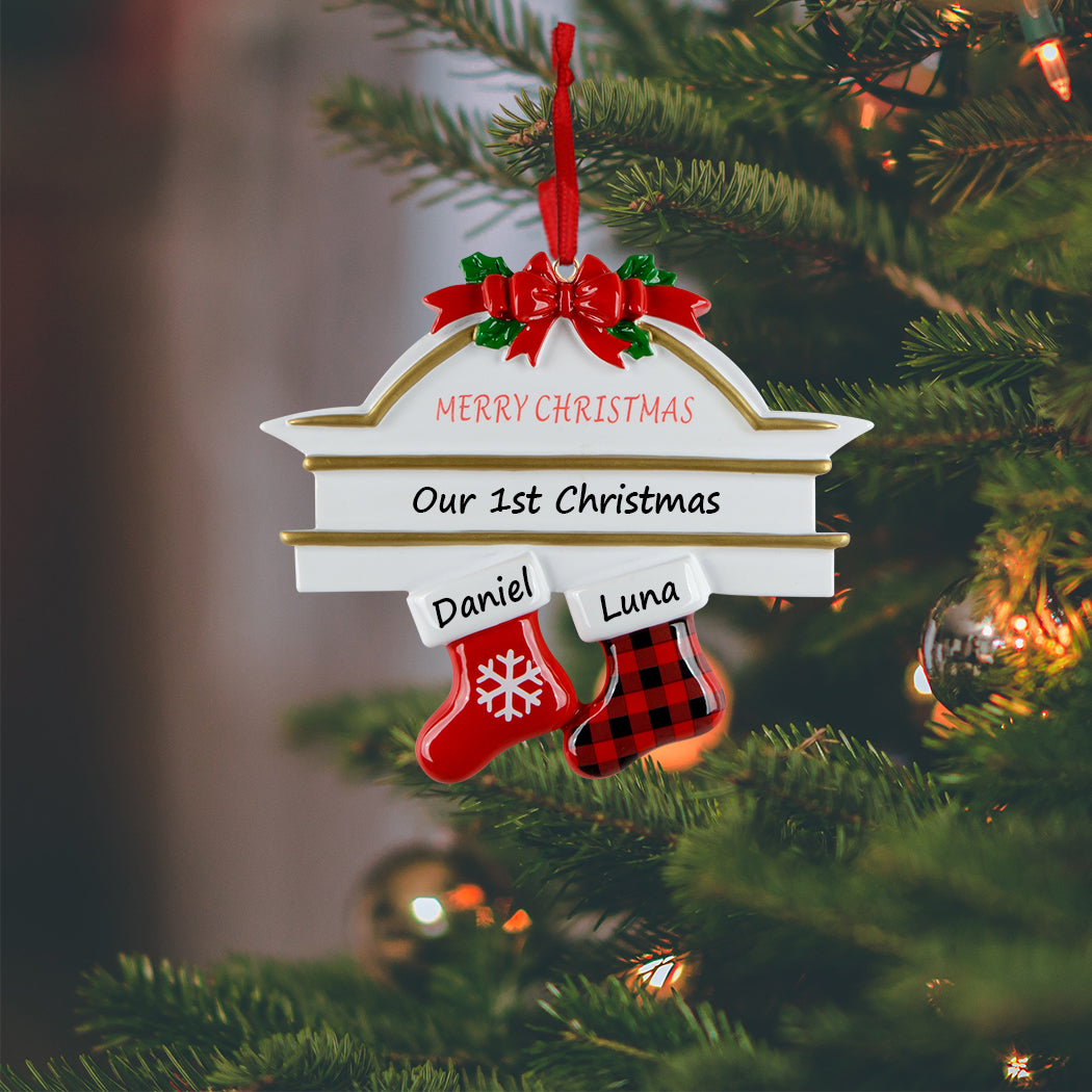 Personalized Plaid Mantel Stocking Family of 2 Christmas Ornament