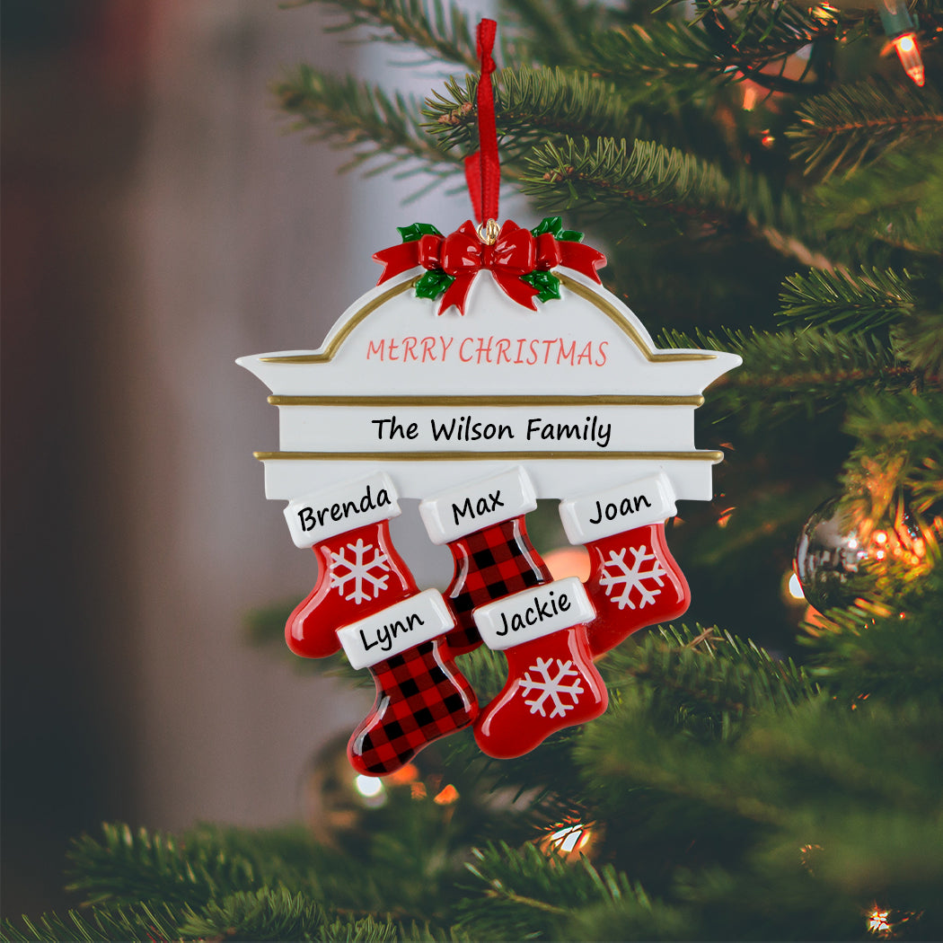 Personalized Plaid Mantel Stocking Family of 5 Christmas Ornament