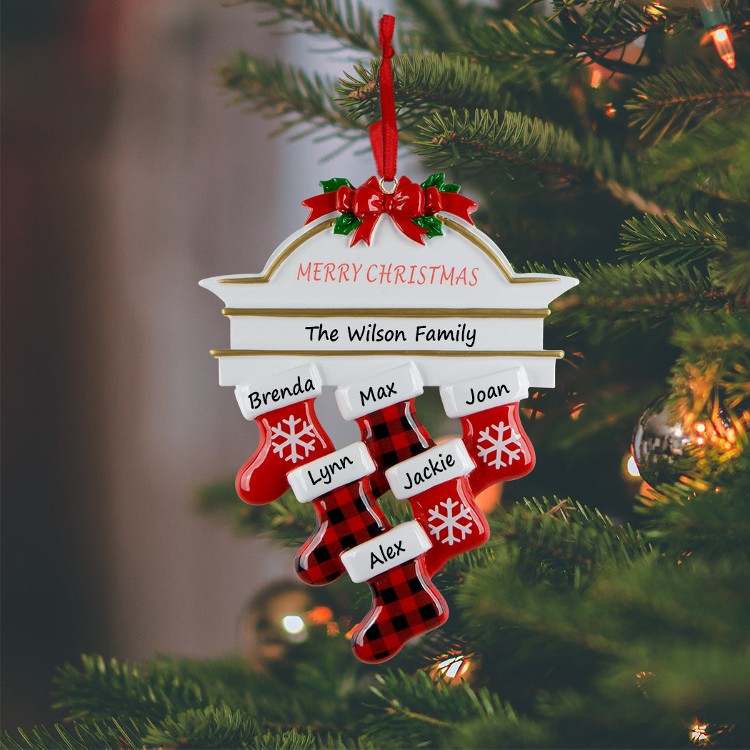 Personalized Plaid Mantel Stocking Family of 6 Christmas Ornament