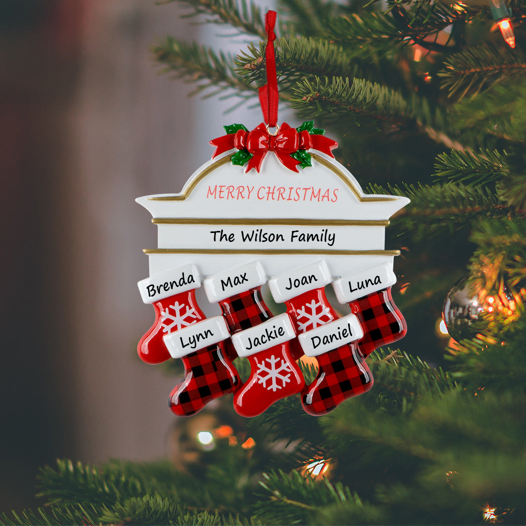 Personalized Plaid Mantel Stocking Family of 7 Christmas Ornament