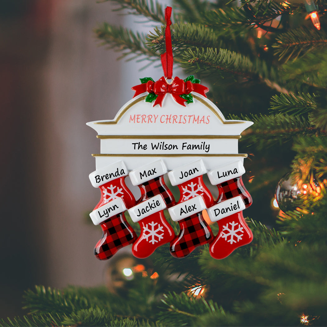 Personalized Plaid Mantel Stocking Family of 8 Christmas Ornament