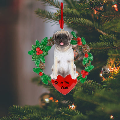 Personalized Pug Christmas Wreath Ornament