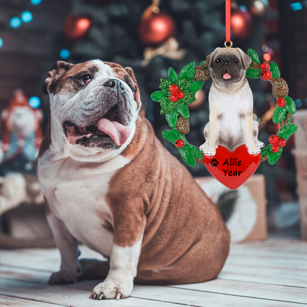 Personalized Pug Christmas Wreath Ornament