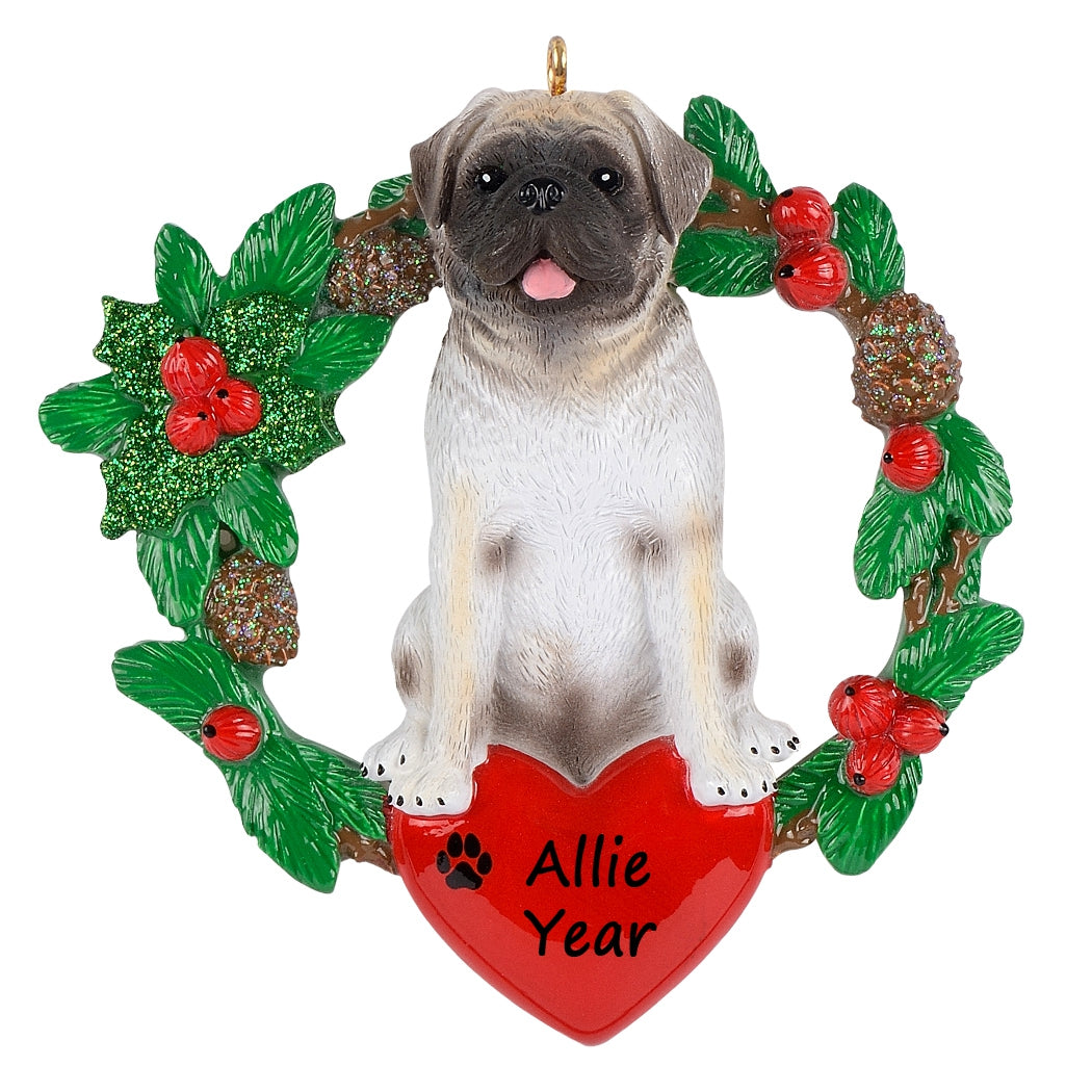 Personalized Pug Christmas Wreath Ornament
